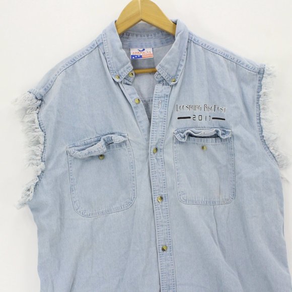 Vintage American Biker Image Men's Sleeveless Button Up Denim Shirt Size L - Picture 2 of 9